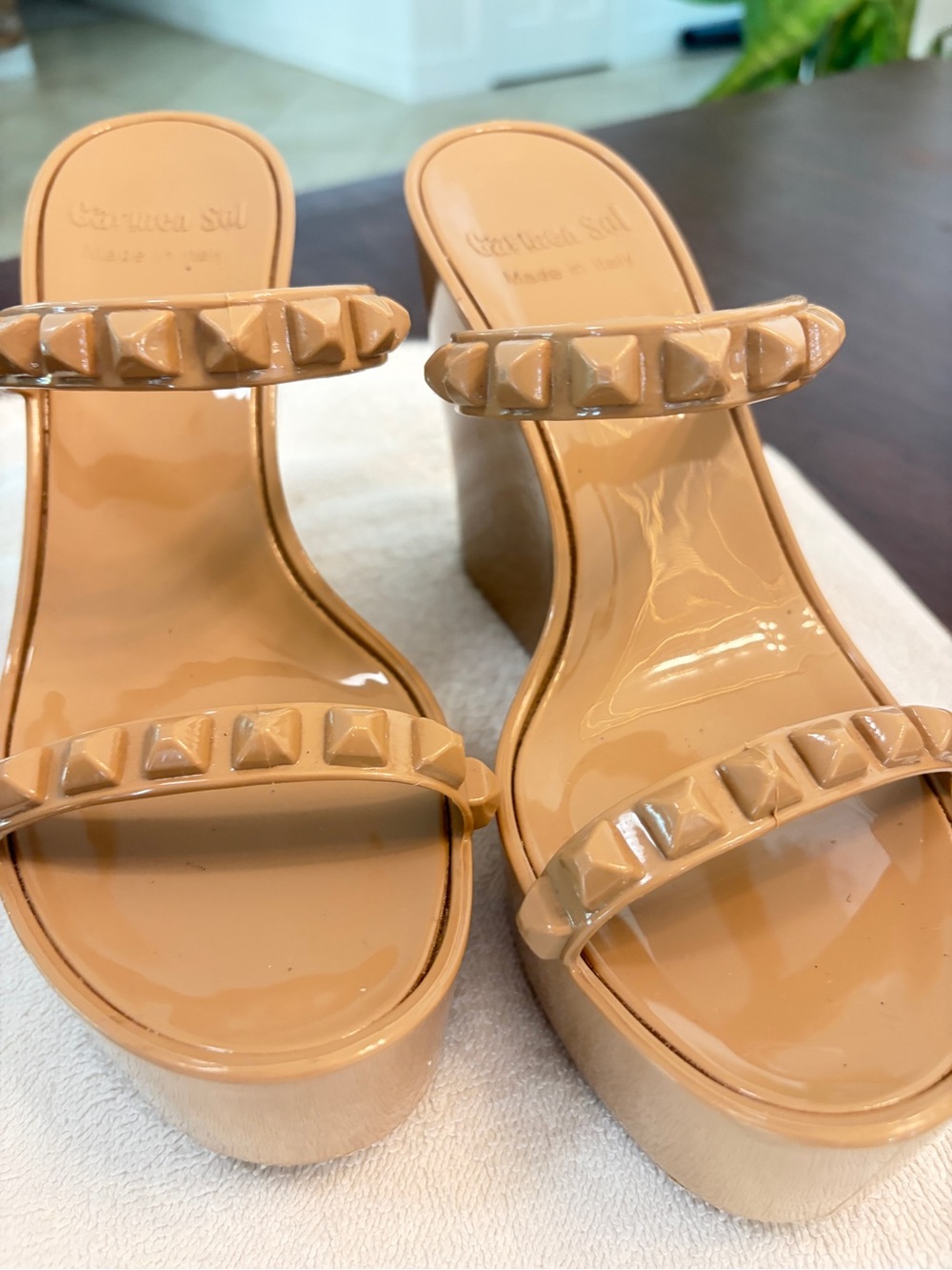 Patent Nude Studded Wedge Sandals - Women